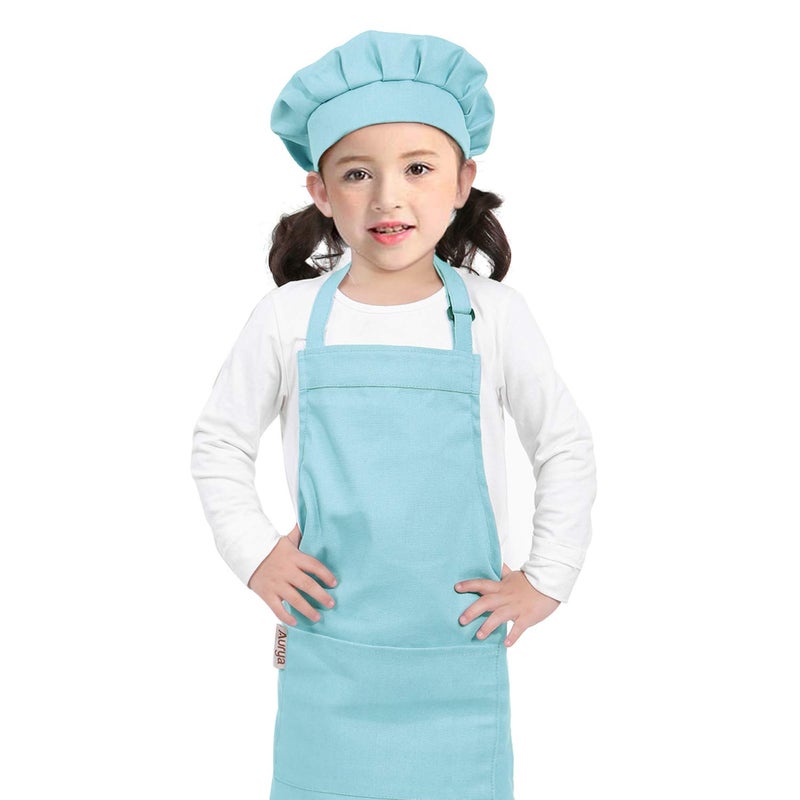 Aurya Kids Apron and Chef Hat Set-Adjustable Child Apron for Boys and Girls for Cooking Baking Light Blue - Image 5